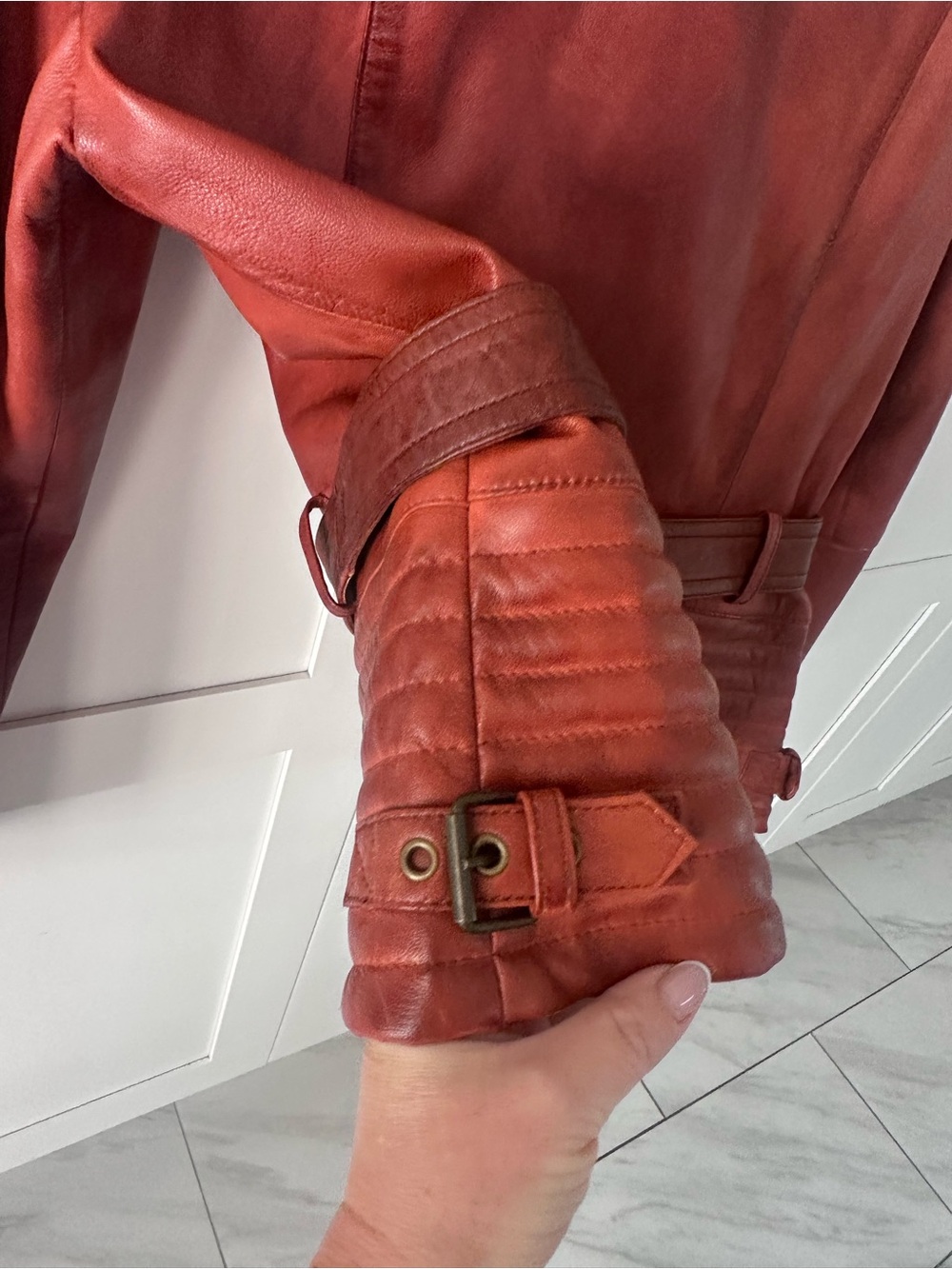 Women's Red Leather Moto Jacket with Shearling Collar - Picture 6 of 9